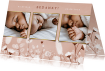 Lief geboorte bedankkaartje droogbloemen en foto's