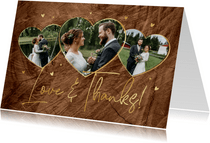 Love and thanks trouwkaart hout foto's hartjes goud