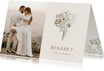 Minimalistische bedankkaart trouwen met droogbloemen en foto