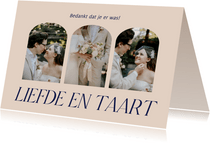 Moderne typografisch bedankkaart liefde en taart trouwen