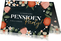 Moderne uitnodiging pensioen party bloemenkader en hartjes