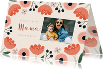 Moederdagkaart roze bloemen, liefste mama en foto