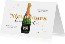 Nieuwjaarsborrel uitnodiging champagne sterren goud oliebol