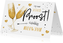 Nieuwjaarskaart champagne gouden hartjes liefde 2023