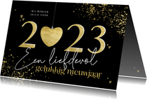 Nieuwjaarskaart gouden 2023 met hart liefdevol nieuwjaar