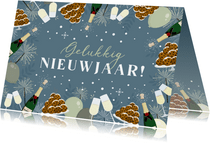 Nieuwjaarskaart met illustraties van champagne en oliebollen