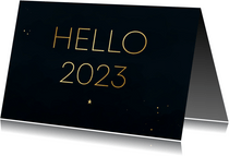Nieuwjaarskaart minimalistisch blauw hello 2023 goudlook