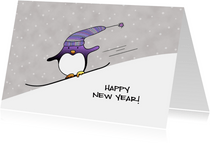 Nieuwjaarskaart pinguin op snowboard happy New Year