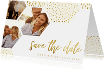 Save the date kaart zeshoek fotocollage met gouden confetti