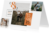 Save-the-Date-Karte Hochzeit Kupfer grafisch Fotocollage