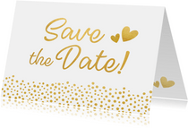 Save-the-Date-Karte zur Hochzeit im Goldlook mit Herzen