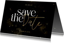 Save the date zwart met goud hartjes en waterverf