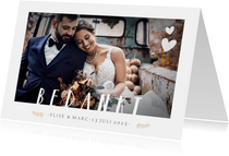 Stijlvol bedankkaartje huwelijk met 1 grote foto en namen