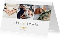 Stijlvolle bedankaart huwelijk - wit met 3 foto's en goud