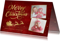 Stijlvolle kerstkaart met 2 eigen foto's en gouden arrenslee
