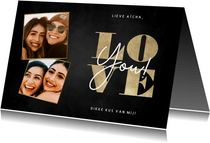 Stijlvolle liefdekaart met foto's gouden typografie Love you