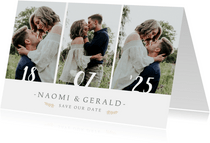 Stijlvolle Save the Date kaart met 3 foto's en trouwdatum