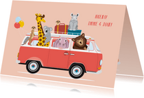 Stoere verjaardagskaart met volkswagen busje en dieren