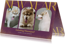 Trendy paarse nieuwjaarskaart met drie foto's en glitters