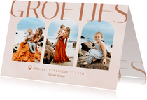 Trendy vakantie fotokaart met bogen in aardetinten groetjes