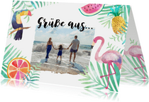Tropische Urlaubskarte mit Foto, Tukan und Flamingo
