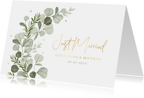Trouwkaart just married eucalyptus hartjes goud stijlvol