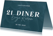 Uitnodiging 21 diner stijlvol blauw met veren