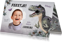 Uitnodiging communiefeest jongen t-rex dino jungle