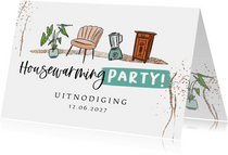 Uitnodiging 'Housewarming Party!' meubels plant glitter