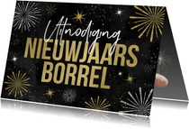 Uitnodiging nieuwjaarsborrel vuurwerk champagne oliebollen
