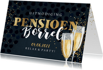 Uitnodiging 'Pensioen Borrel' champagneglazen en goudlook