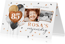 Uitnodiging verjaardag 85 jaar ballonnen feestelijk confetti