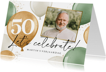 Uitnodiging verjaardagsfeest 50 jaar ballonnen goud groen