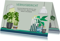 Verhuiskaart met planten lampen vensterbank