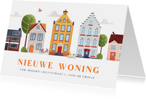 Verhuiskaart nieuwe woning huisjes vrolijk Nederland