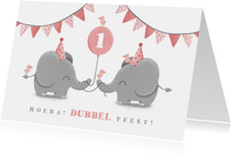 Verjaardagskaart tweeling olifantjes met slingers en ballon