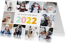 Vrolijke nieuwjaars fotocollage kaart met gekleurd 2022 