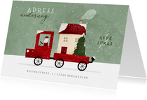 Weihnachtskarte Adressänderung Umzugswagen mit Haus