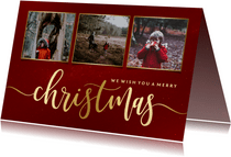 Weihnachtskarte in Rot mit Fotos und Goldschrift