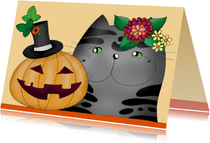 Wenskaart Halloween kat en pompoen met hoedje 