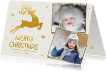 Winterse kerstkaart met gouden rendier en eigen foto's