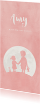 Geboortekaartje roze silhouet broer en zusje in volle maan