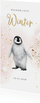Geboortekaartje winter pinguïn watercolour spetter goudlook