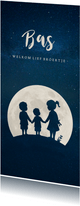 Langwerpig geboortekaartje silhouet 3 kinderen in een maan 