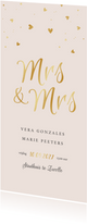 Trouwkaart hartjes goud spetters Mrs and Mrs