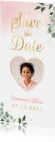 Waterverf save the date communie roze hartjes goud foto