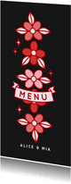  Zwarte menukaart met rode en roze bloemen illustraties