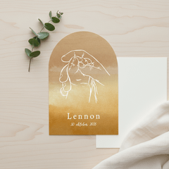 Boogvorm geboortekaartje watercolor lijnillustratie handen