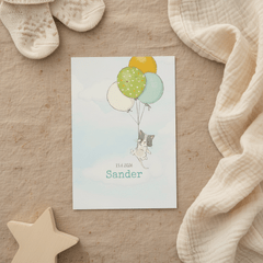 Geboortekaart jongen, kitten en ballonnen