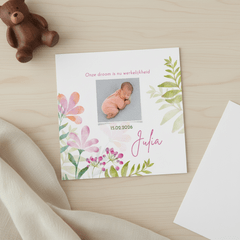 Geboortekaart meisje aquarel bloemen en foto
